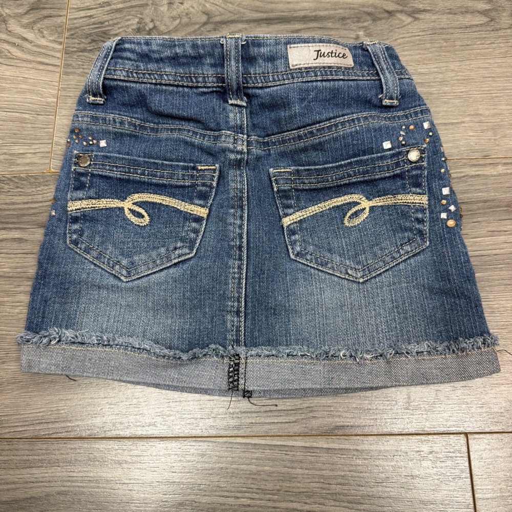 Y2K Justice Denim Mini Skirt Girls 7S Rhinestone Studded Bling Frayed Hem - Picture 13 of 14